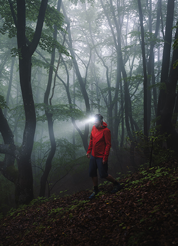 Mann mit einer Stirnlampe läuft durch einen Wald