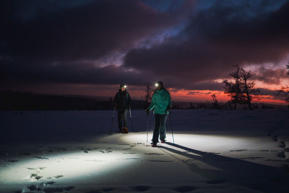 Das Bild zeigt zwei Skifahrer im Dunkeln
