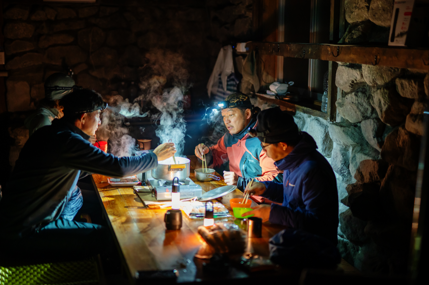 Working people with headlamps